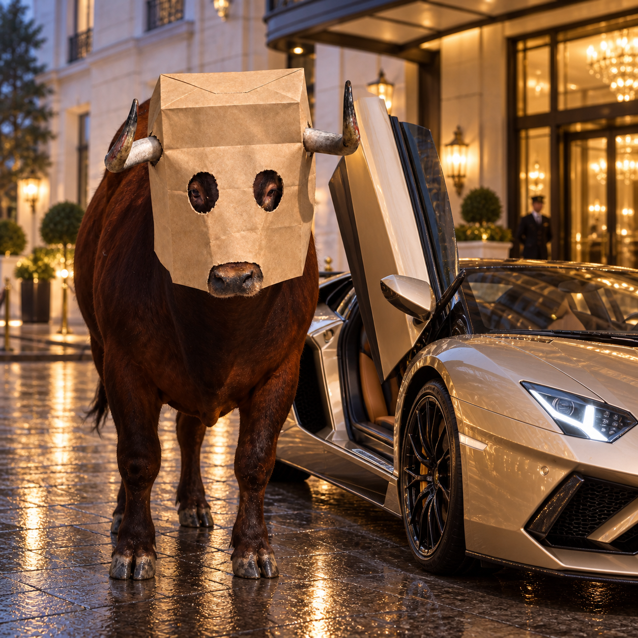 Paper-bag bull beside a sports car outside a luxury hotel.