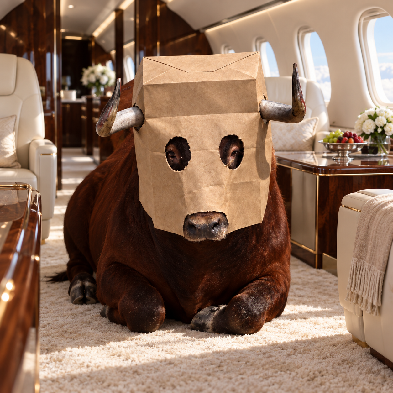 Paper-bag bull lounging inside a luxury private jet.