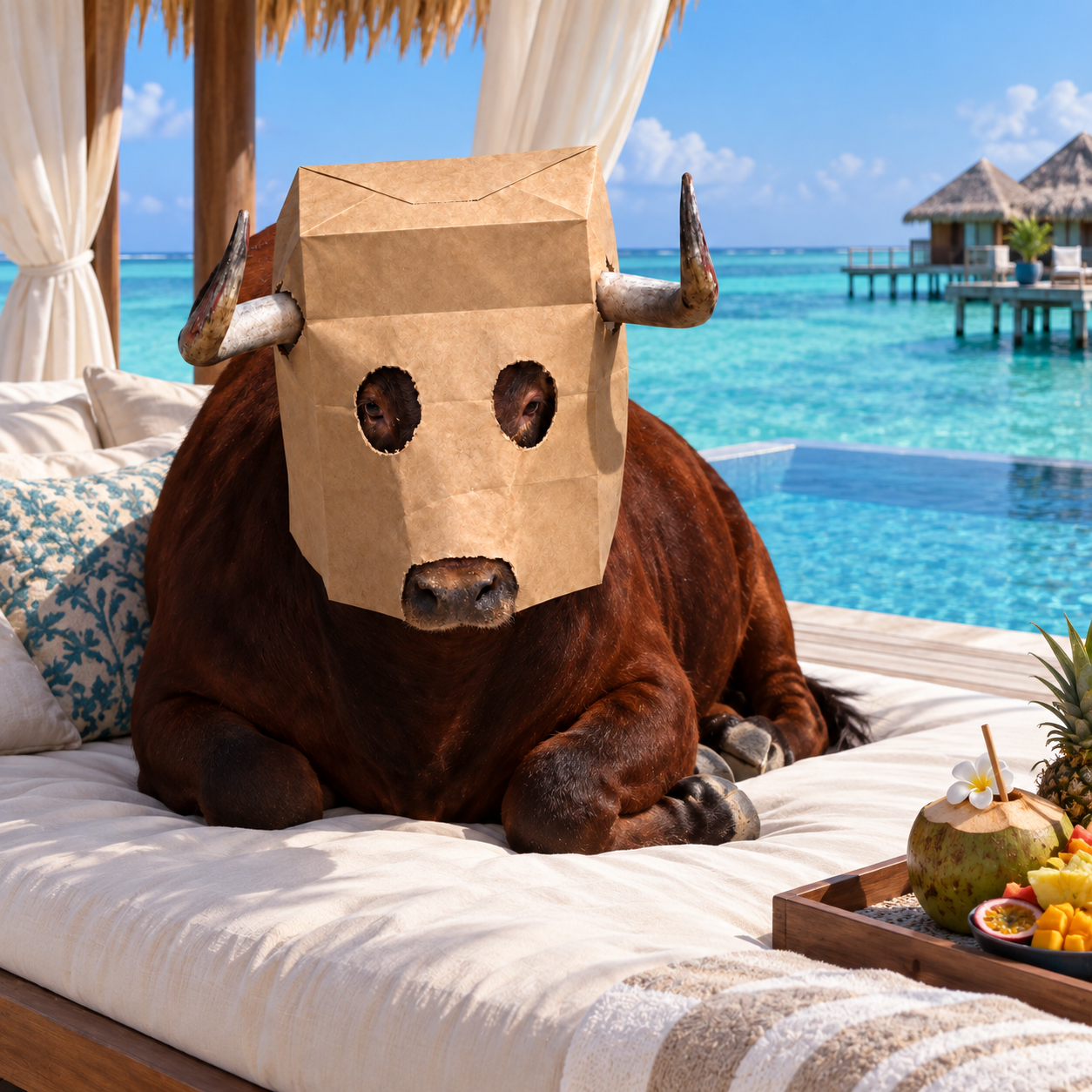 Paper-bag bull relaxing on a daybed at a tropical oceanfront resort.